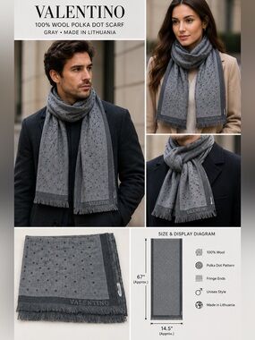 Valentino 100% Wool Gray Polka Dot Fringe Scarf Made in Lithuania 14.5" x 67"